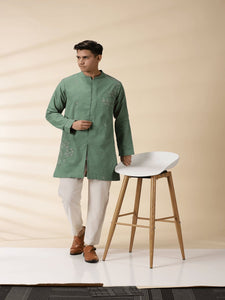Long Jacket Style Men Kurta - Green