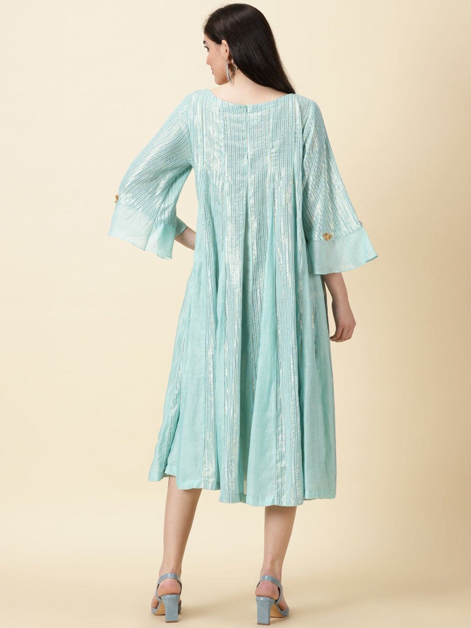 Lurex Cotton Dress Embroidererd - Aqua Blue - Charkha TalesLurex Cotton Dress Embroidererd - Aqua Blue