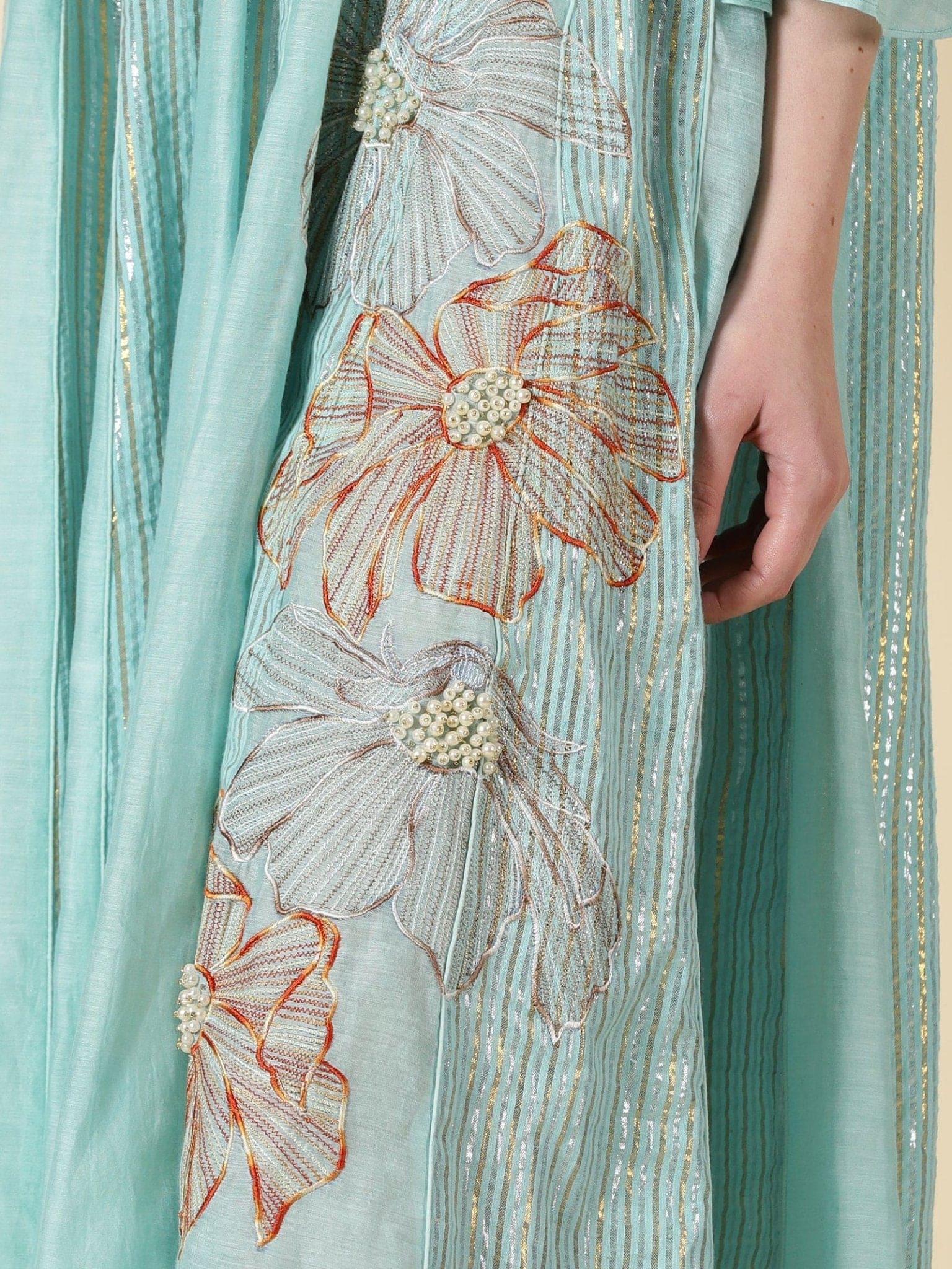 Lurex Cotton Dress Embroidererd - Aqua Blue - Charkha TalesLurex Cotton Dress Embroidererd - Aqua Blue