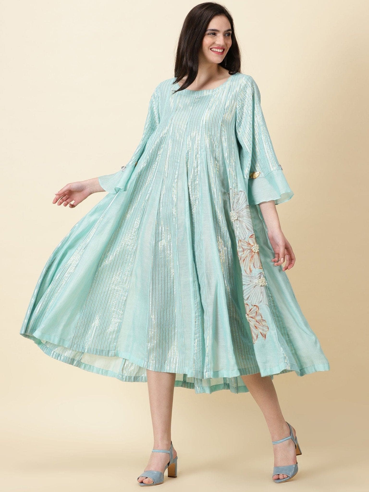 Lurex Cotton Dress Embroidererd - Aqua Blue - Charkha TalesLurex Cotton Dress Embroidererd - Aqua Blue