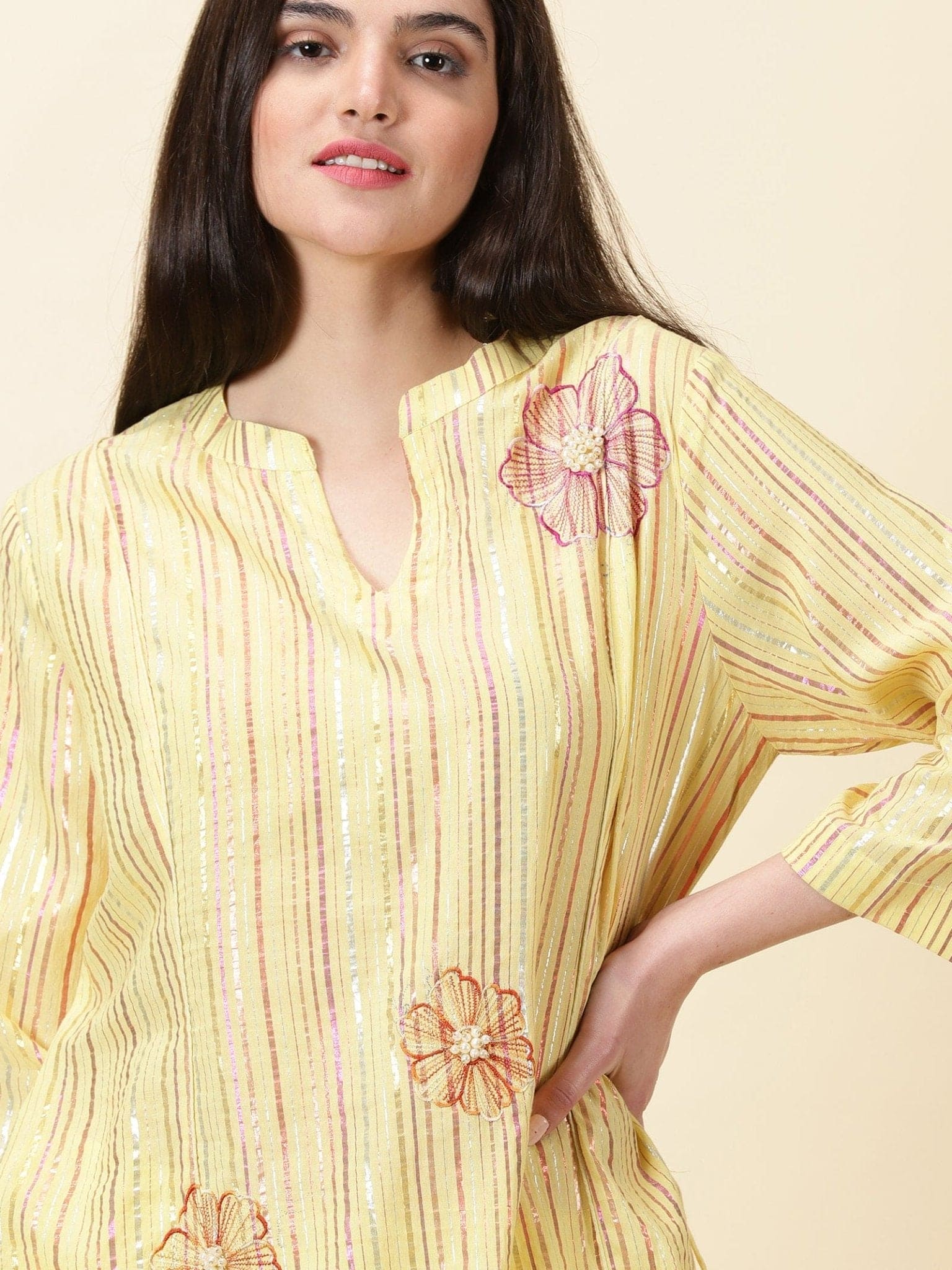 Lurex Cotton Women Kurta Set - Yellow - Charkha TalesLurex Cotton Women Kurta Set - Yellow