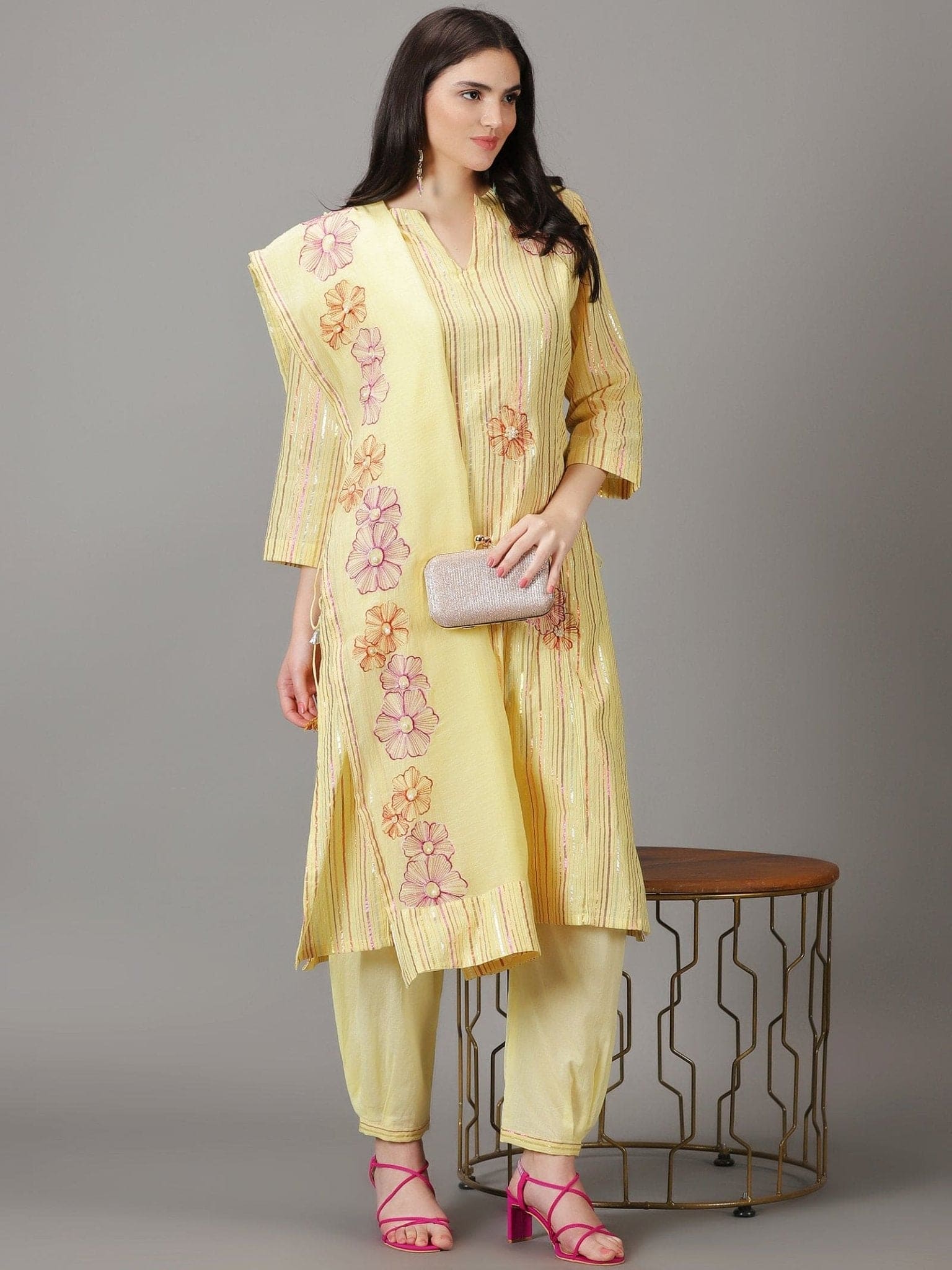 Lurex Cotton Women Kurta Set - Yellow - Charkha TalesLurex Cotton Women Kurta Set - Yellow