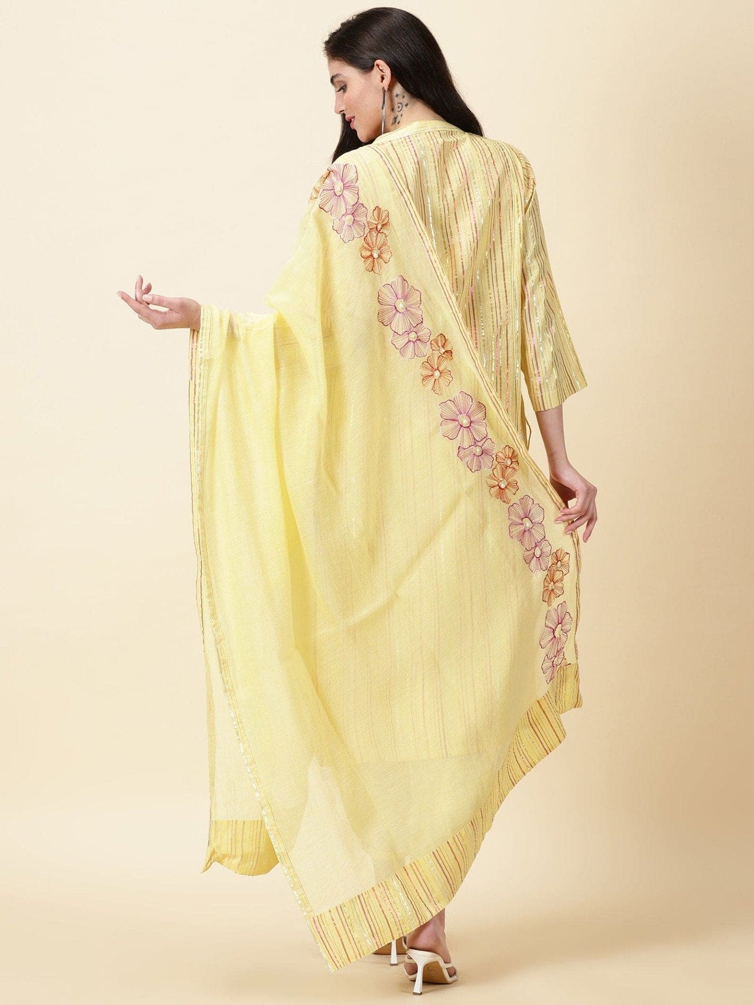 Lurex Cotton Women Kurta Set - Yellow - Charkha TalesLurex Cotton Women Kurta Set - Yellow