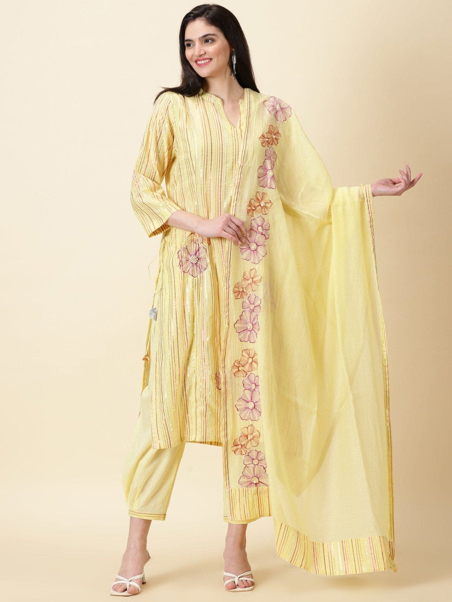 Lurex Cotton Women Kurta Set - Yellow - Charkha TalesLurex Cotton Women Kurta Set - Yellow
