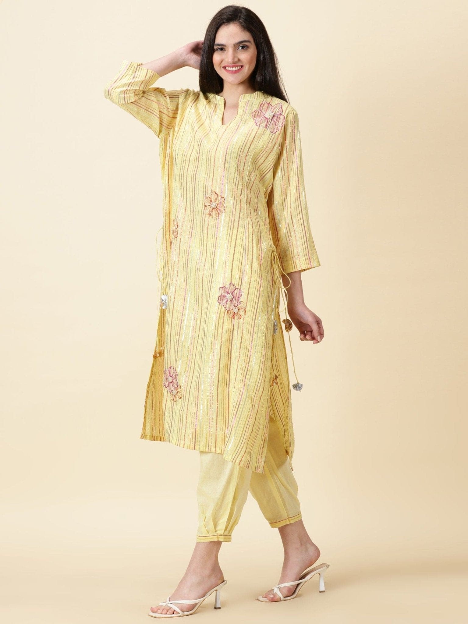 Lurex Cotton Women Kurta Set - Yellow - Charkha TalesLurex Cotton Women Kurta Set - Yellow