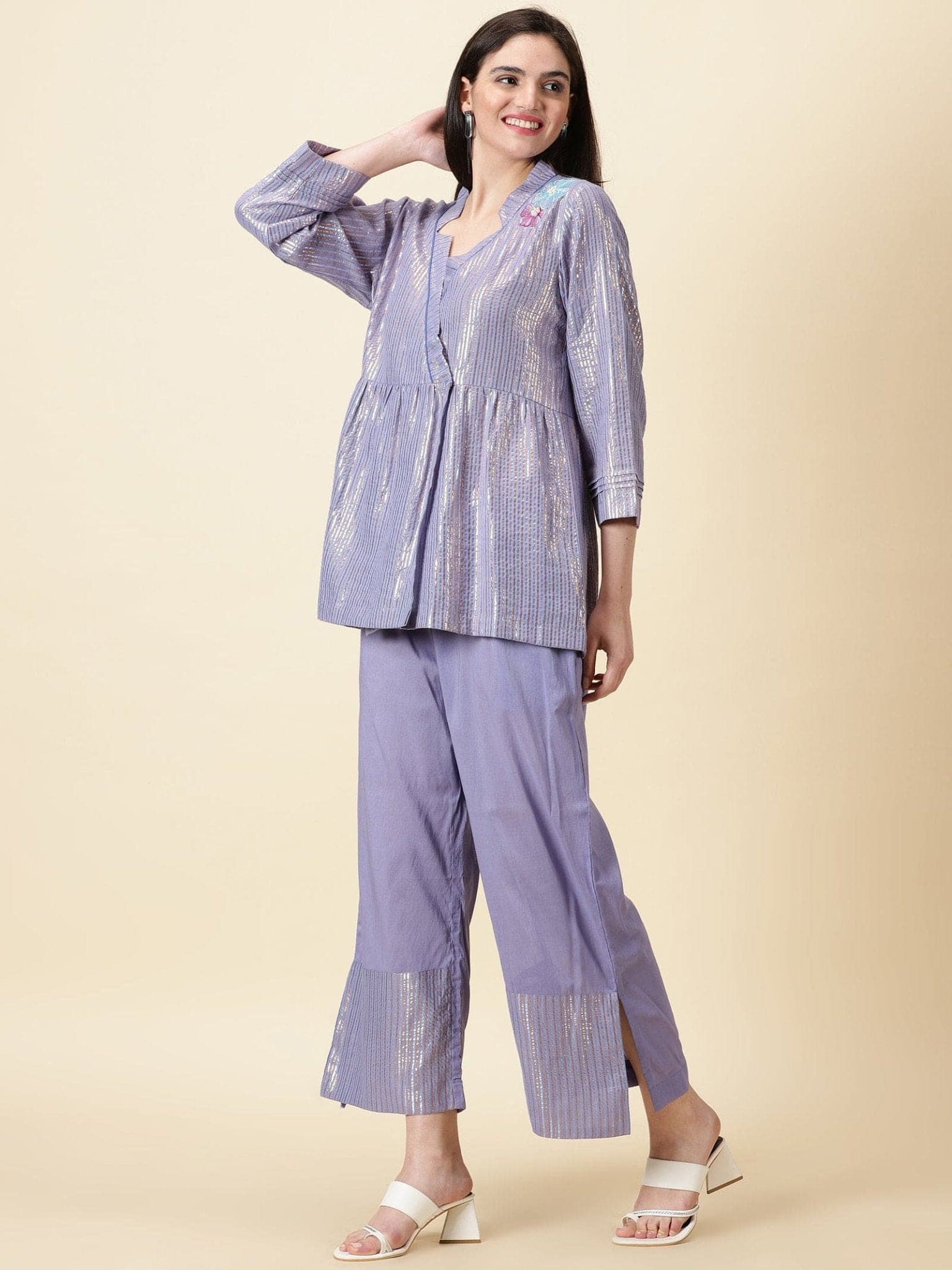 Lurex Cottton Women's Co - ord Set - Berry Violet - Charkha TalesLurex Cottton Women's Co - ord Set - Berry Violet