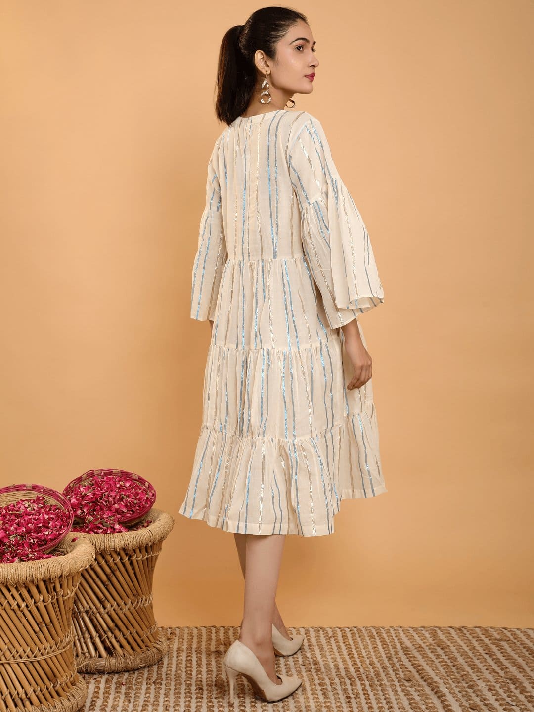 Lurex Stripe Hand Embroidered Dress - Off - White - Charkha TalesLurex Stripe Hand Embroidered Dress - Off - White