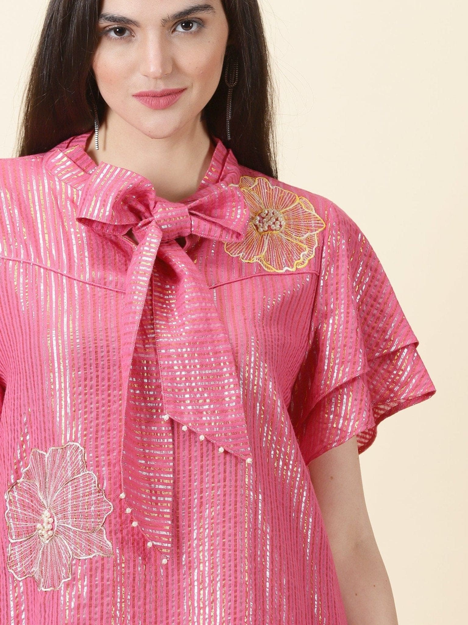 Lurex Striped Women Co - ord Set - Pink - Charkha TalesLurex Striped Women Co - ord Set - Pink