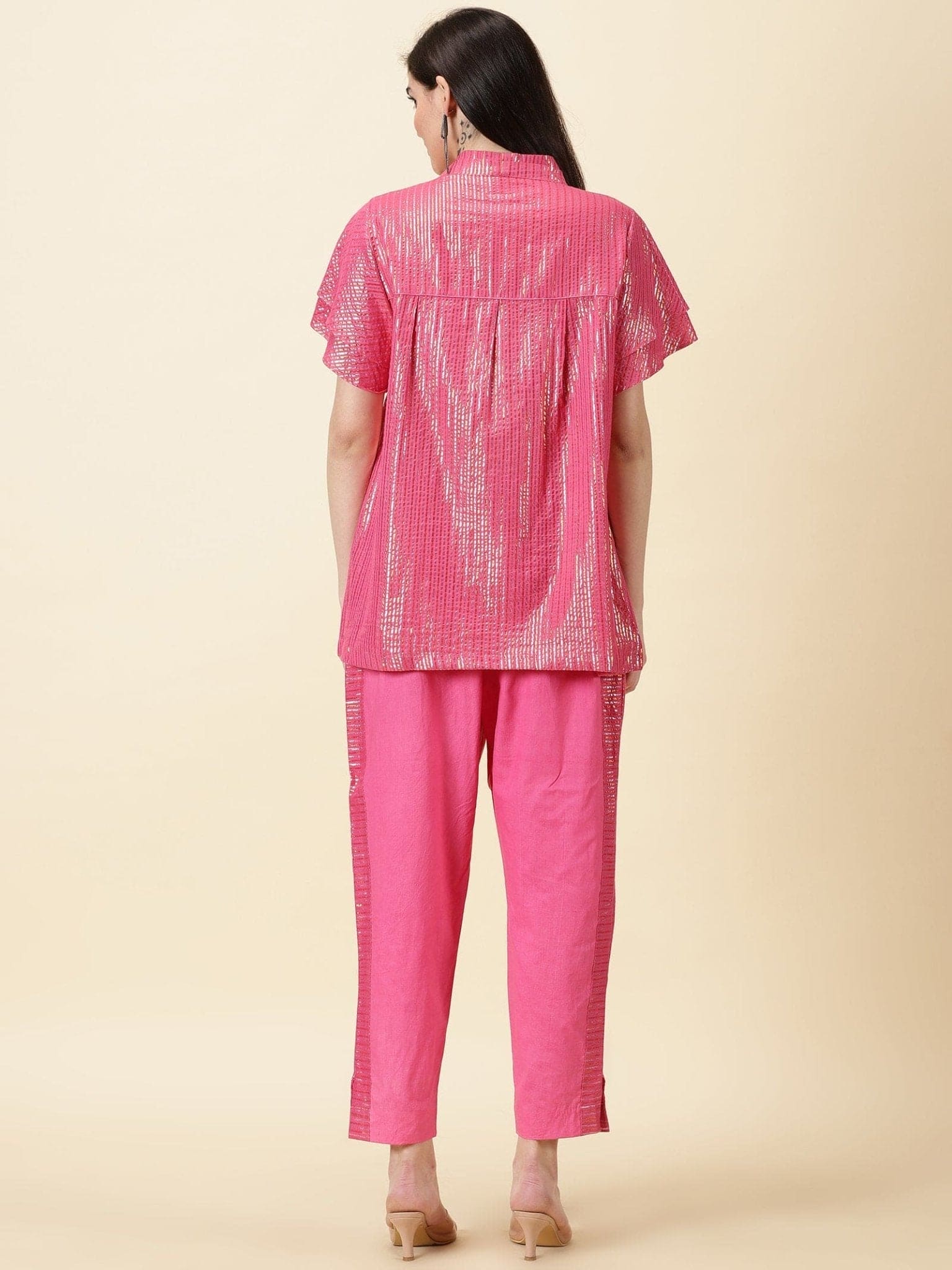Lurex Striped Women Co - ord Set - Pink - Charkha TalesLurex Striped Women Co - ord Set - Pink