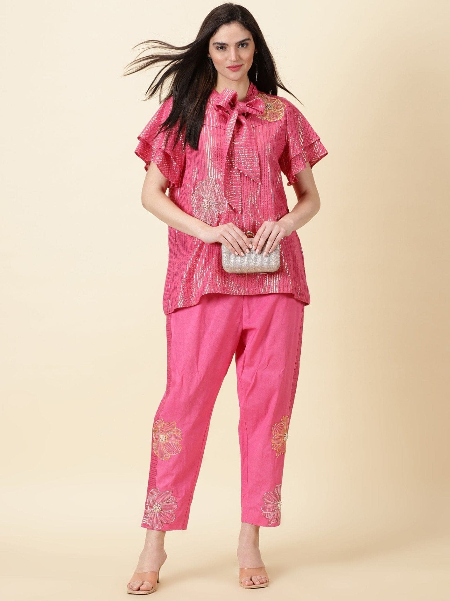 Lurex Striped Women Co - ord Set - Pink - Charkha TalesLurex Striped Women Co - ord Set - Pink