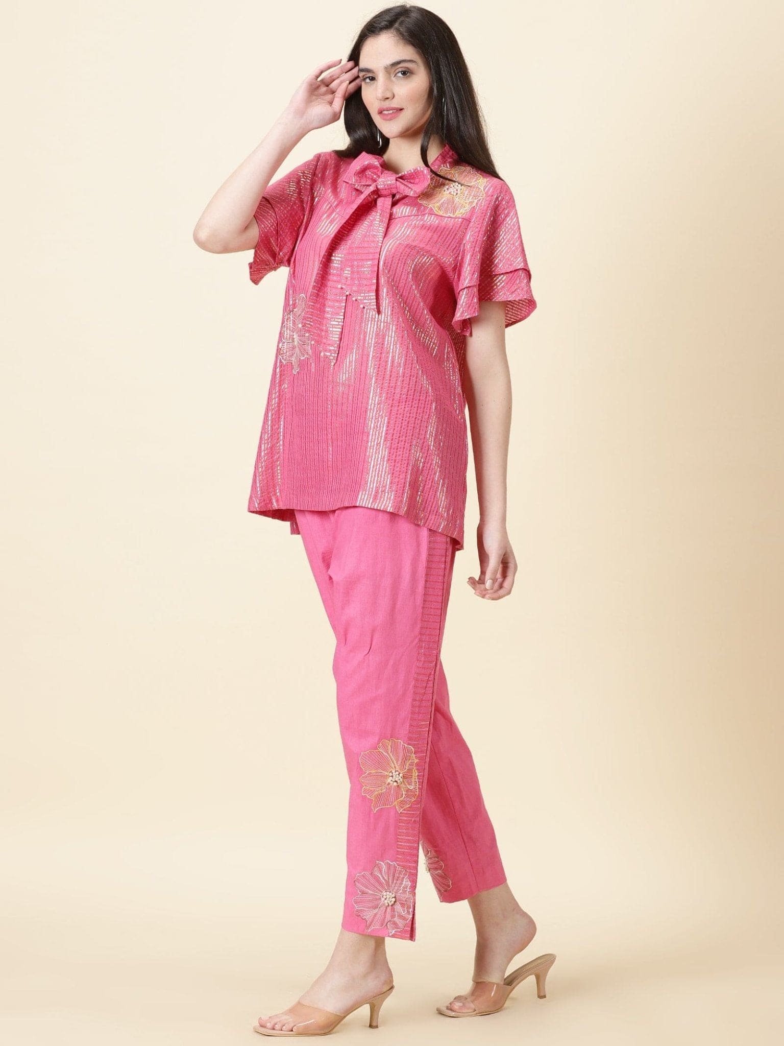 Lurex Striped Women Co - ord Set - Pink - Charkha TalesLurex Striped Women Co - ord Set - Pink