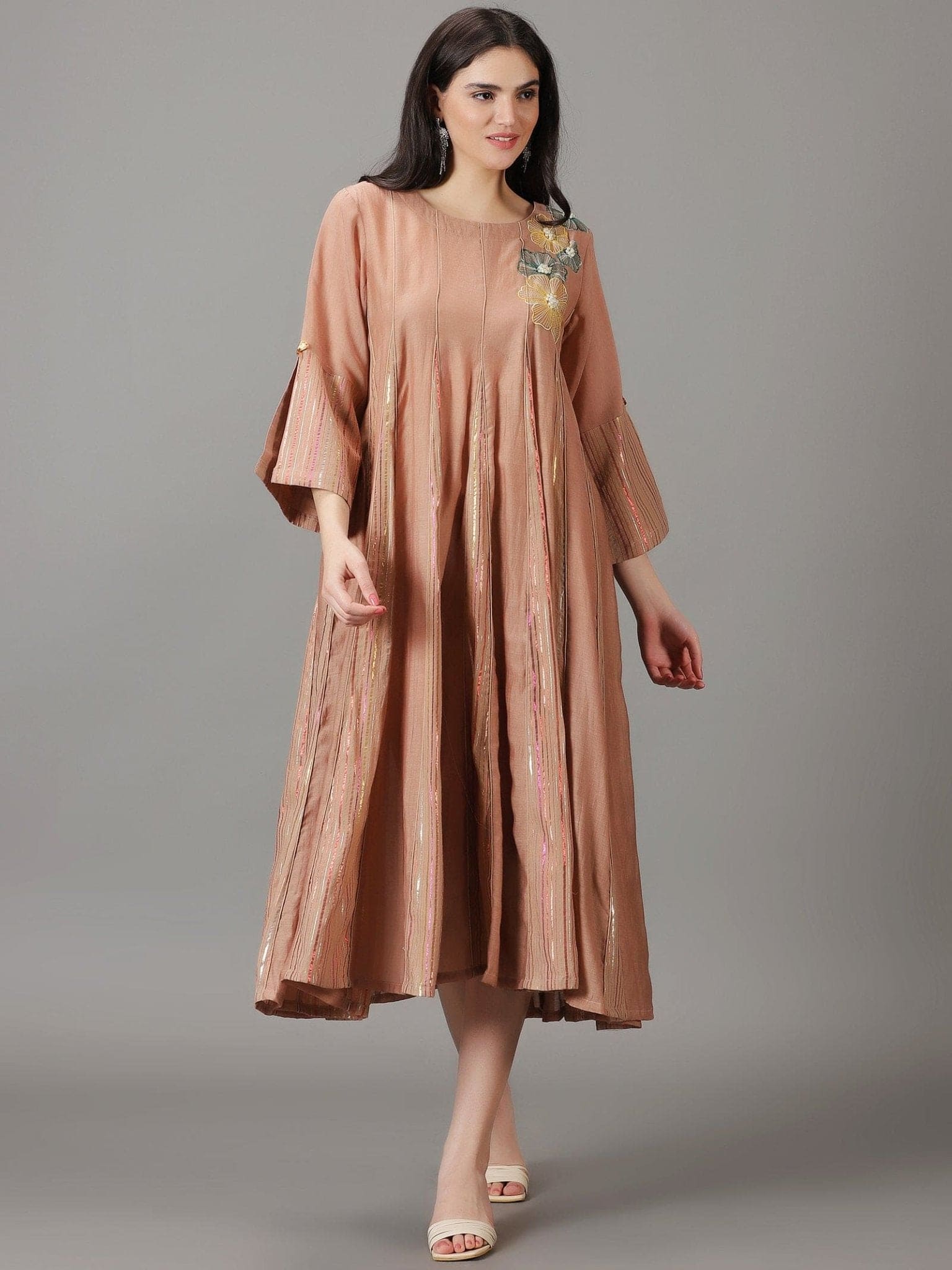 Lurex Striped Women Dress - Burnt Sienna - Charkha TalesLurex Striped Women Dress - Burnt Sienna