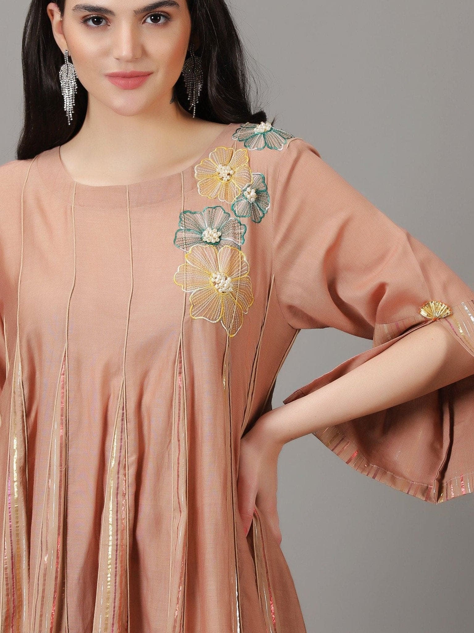 Lurex Striped Women Dress - Burnt Sienna - Charkha TalesLurex Striped Women Dress - Burnt Sienna