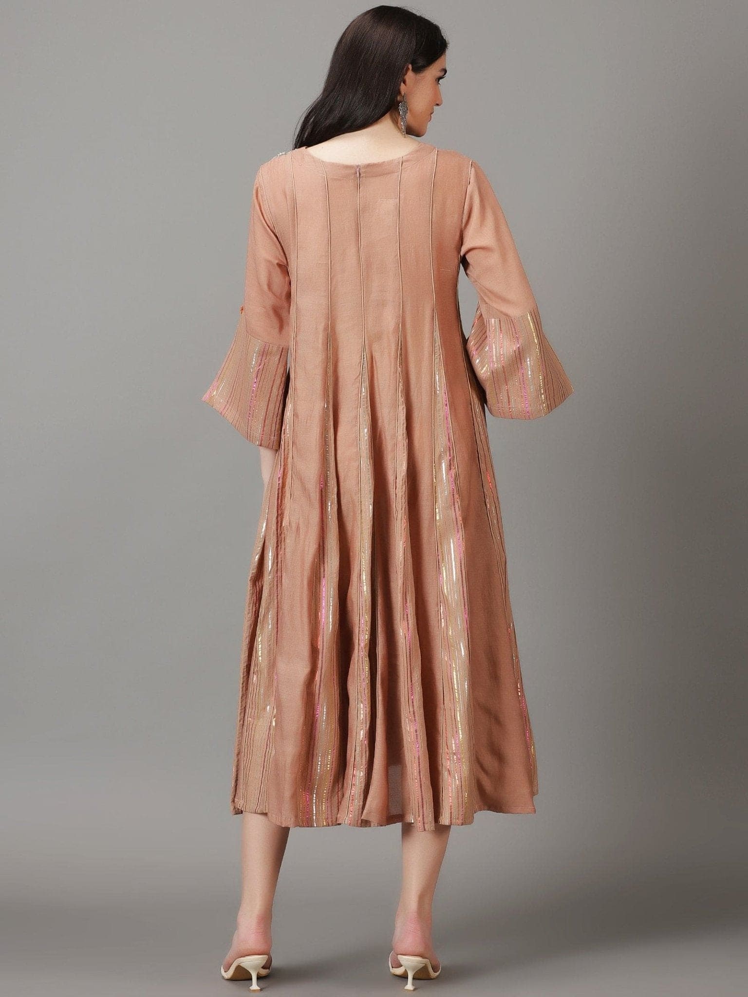 Lurex Striped Women Dress - Burnt Sienna - Charkha TalesLurex Striped Women Dress - Burnt Sienna