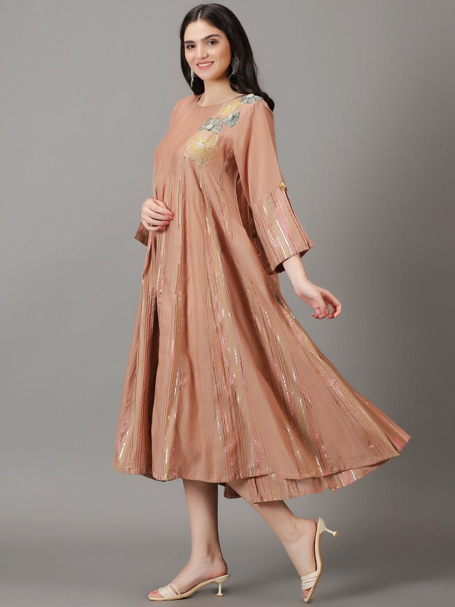 Lurex Striped Women Dress - Burnt Sienna - Charkha TalesLurex Striped Women Dress - Burnt Sienna