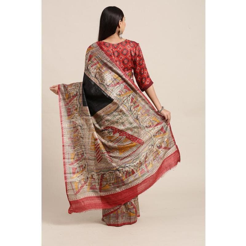 Madhubani Ghicha Silk Saree - Black & Red - Charkha TalesMadhubani Ghicha Silk Saree - Black & Red