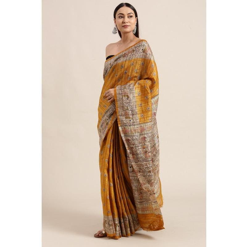 Madhubani Print Silk Saree - Golden Yellow - Charkha TalesMadhubani Print Silk Saree - Golden Yellow