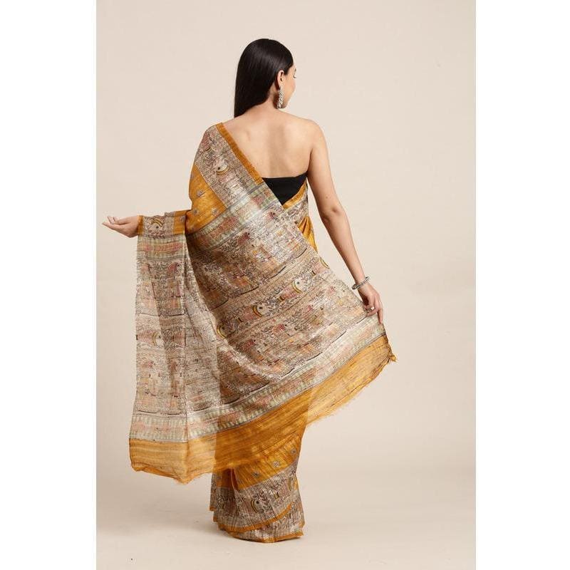 Madhubani Print Silk Saree - Golden Yellow - Charkha TalesMadhubani Print Silk Saree - Golden Yellow