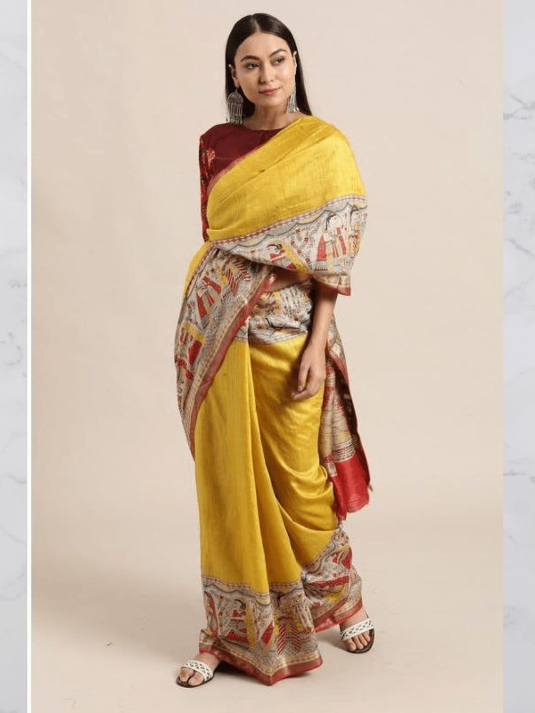 Madhubani Print Silk Saree - Mustard - Charkha TalesMadhubani Print Silk Saree - Mustard