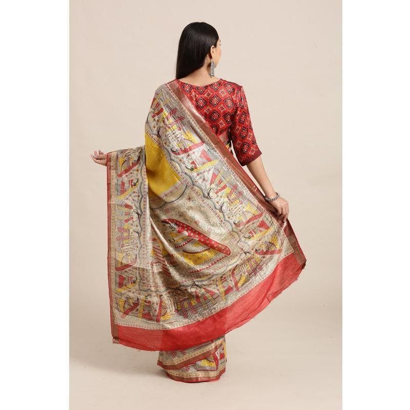 Madhubani Print Silk Saree - Mustard - Charkha TalesMadhubani Print Silk Saree - Mustard