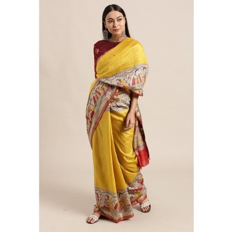 Madhubani Print Silk Saree - Mustard - Charkha TalesMadhubani Print Silk Saree - Mustard