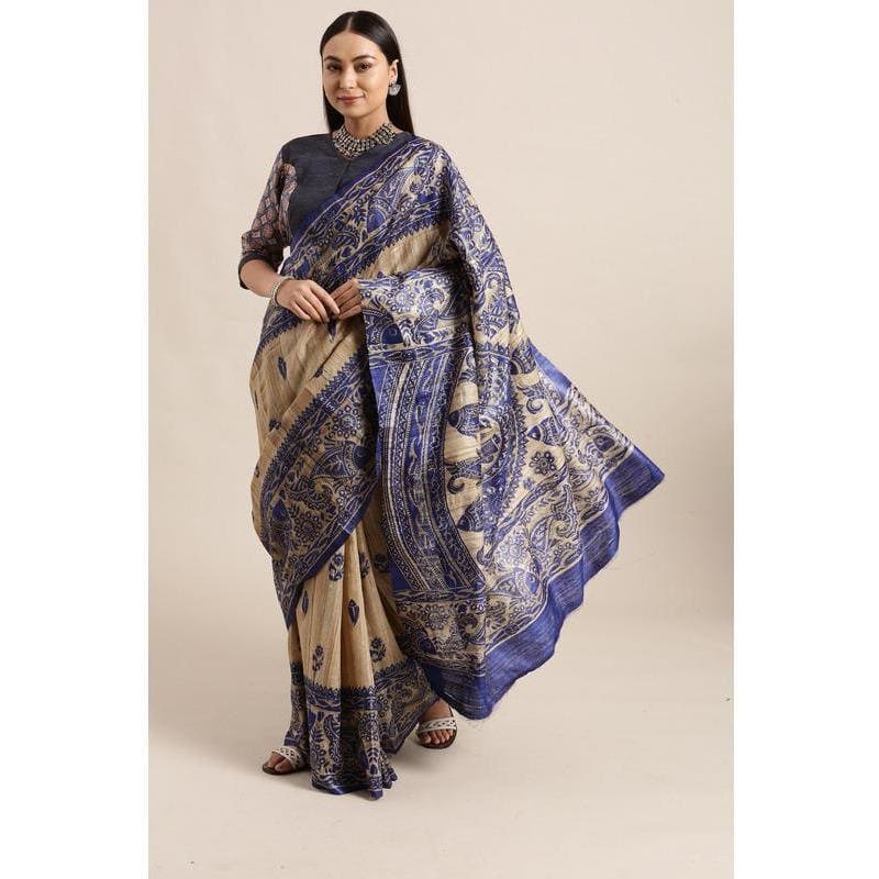 Madhubani Print Silk Saree - Navy Blue - Charkha TalesMadhubani Print Silk Saree - Navy Blue