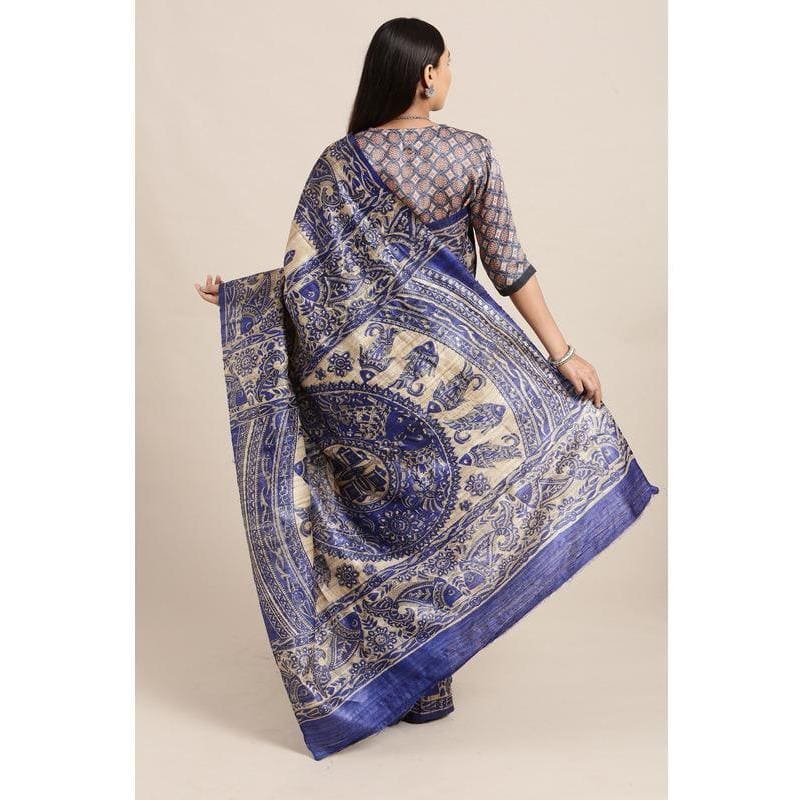 Madhubani Print Silk Saree - Navy Blue - Charkha TalesMadhubani Print Silk Saree - Navy Blue