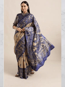 Madhubani Print Silk Saree - Navy Blue