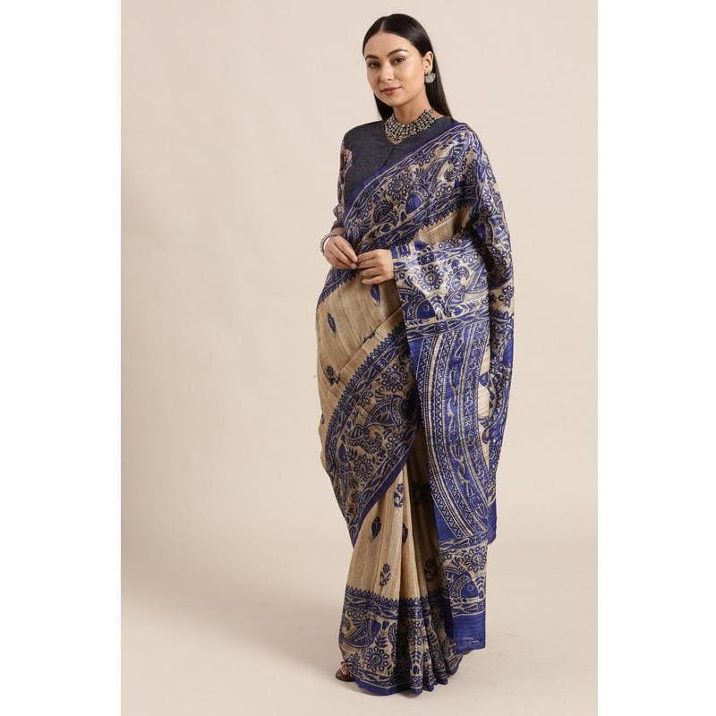 Madhubani Print Silk Saree - Navy Blue - Charkha TalesMadhubani Print Silk Saree - Navy Blue