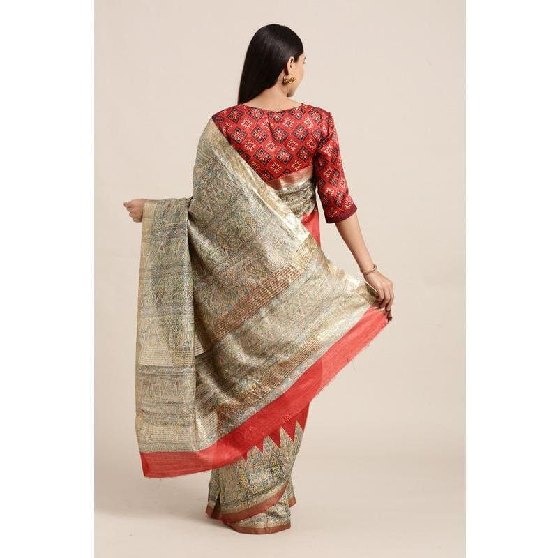 Madhubani Print Silk Saree - Red - Charkha TalesMadhubani Print Silk Saree - Red