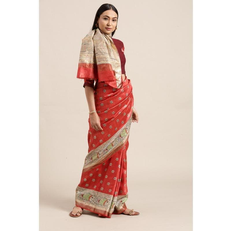 Madhubani Print Silk Saree - Red & Cream - Charkha TalesMadhubani Print Silk Saree - Red & Cream