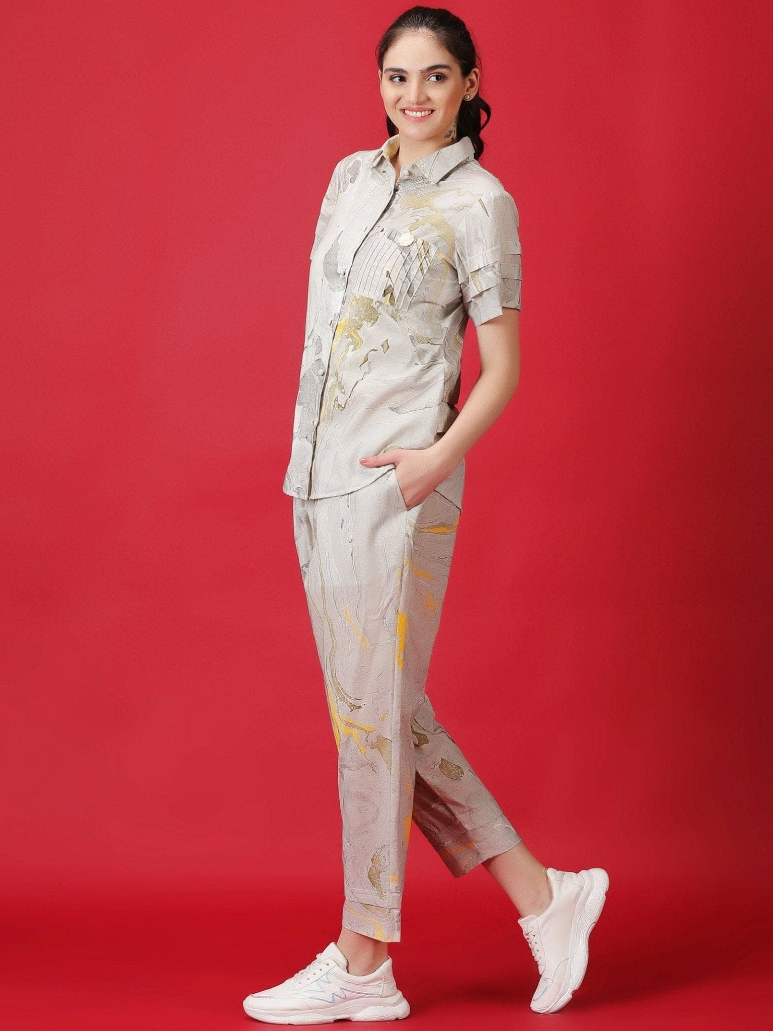 Marble Dyed Athleisure Set - Grey - Charkha TalesMarble Dyed Athleisure Set - Grey