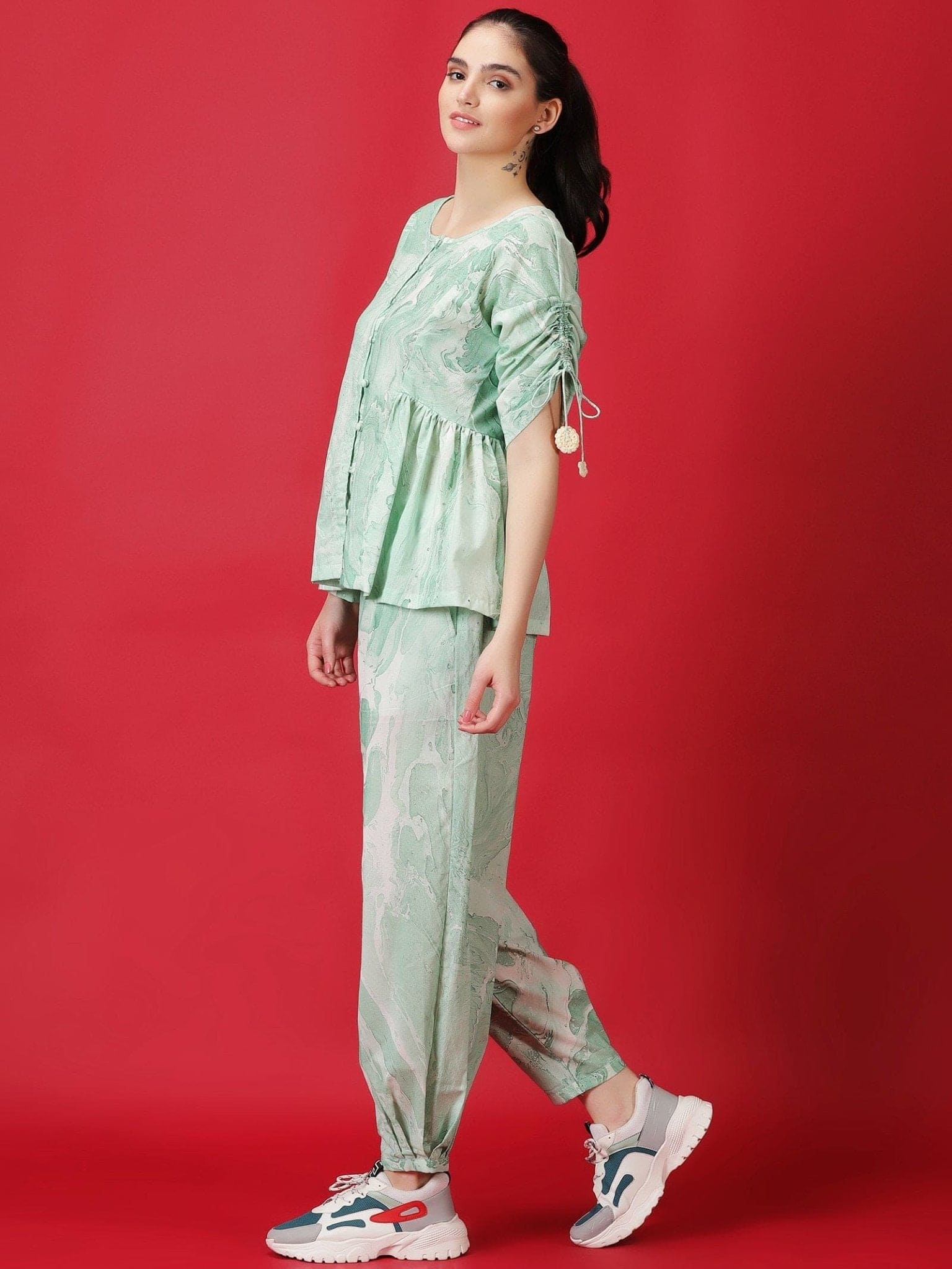 Marble Dyed Athleisure Set - Mint Green - Charkha TalesMarble Dyed Athleisure Set - Mint Green