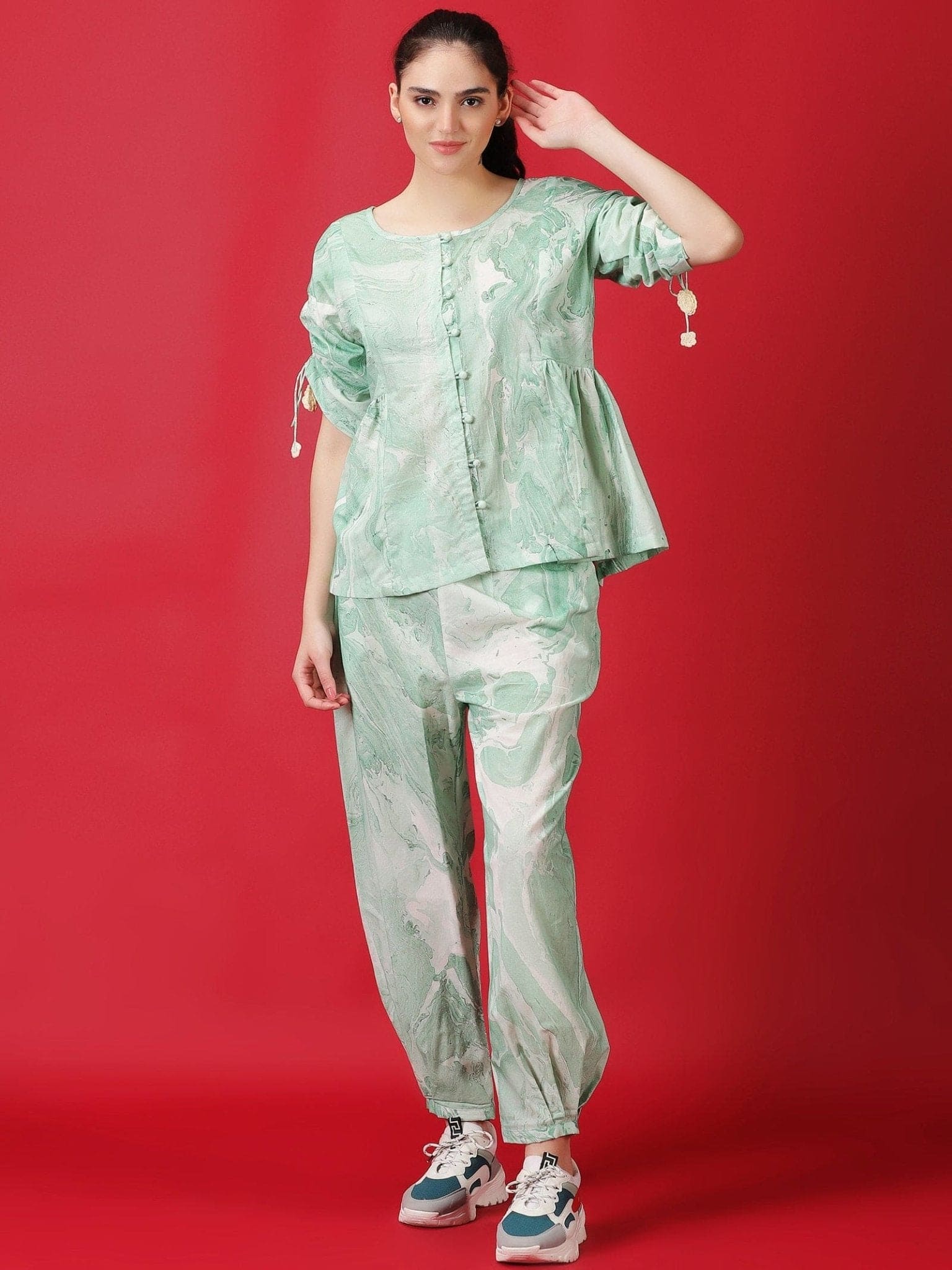 Marble Dyed Athleisure Set - Mint Green - Charkha TalesMarble Dyed Athleisure Set - Mint Green