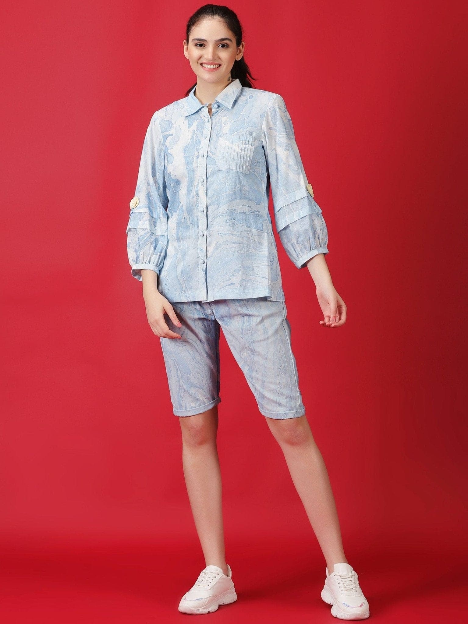 Marble Dyed Athleisure Set - Sky Blue - Charkha TalesMarble Dyed Athleisure Set - Sky Blue