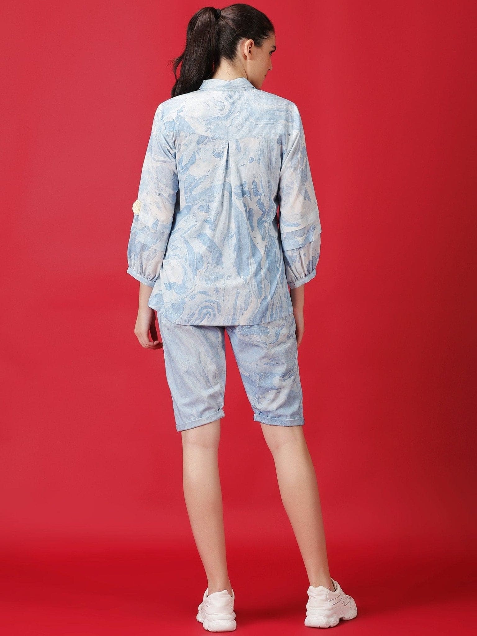 Marble Dyed Athleisure Set - Sky Blue - Charkha TalesMarble Dyed Athleisure Set - Sky Blue