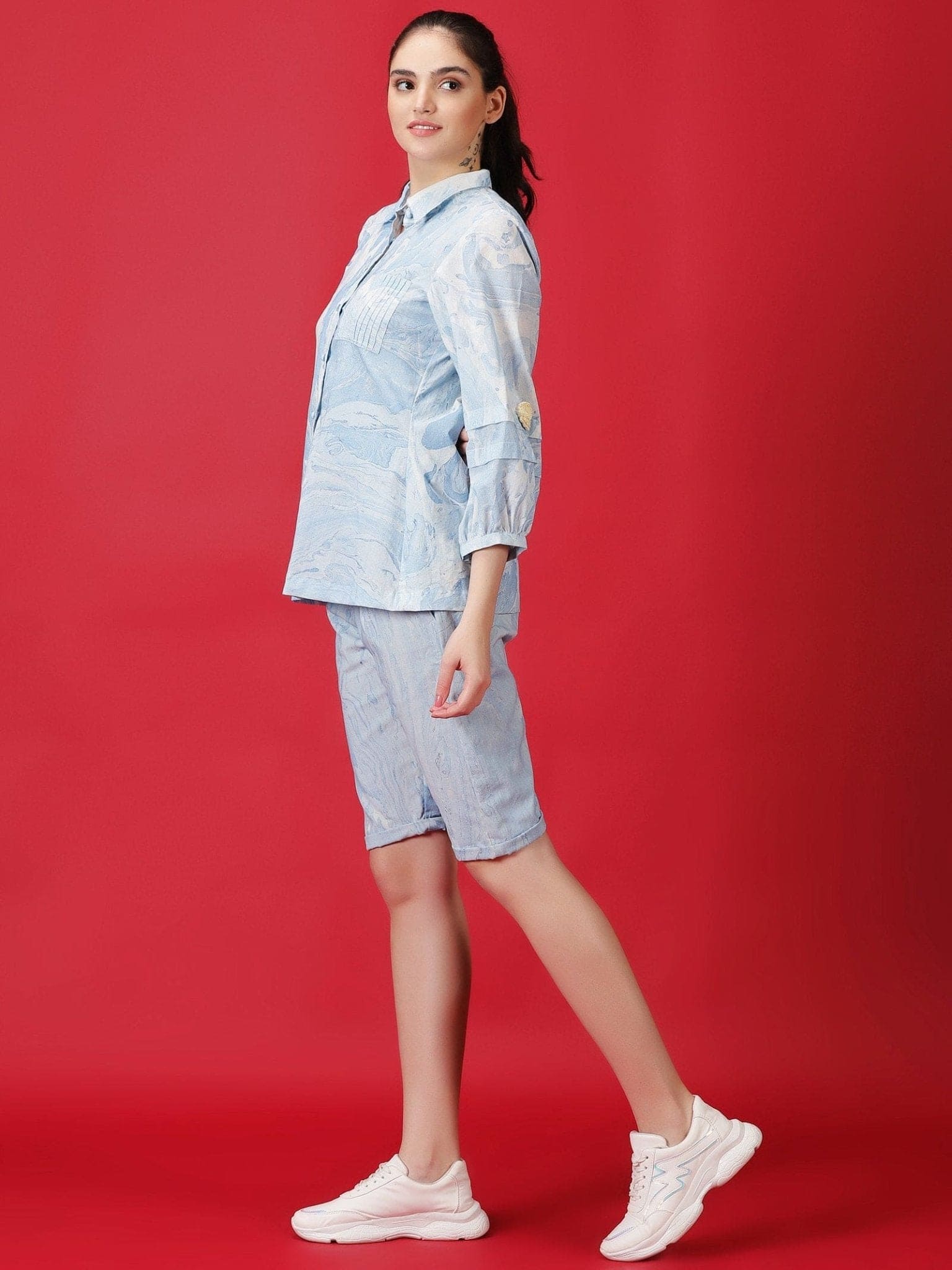 Marble Dyed Athleisure Set - Sky Blue - Charkha TalesMarble Dyed Athleisure Set - Sky Blue