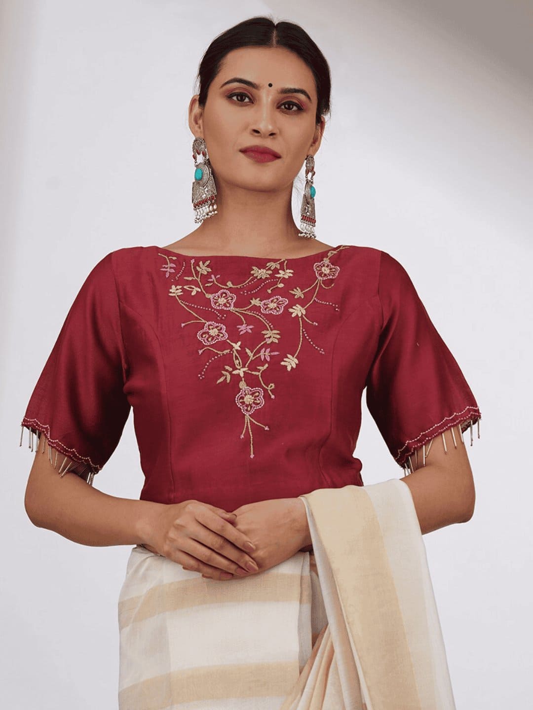 Maroon Embroidered Chanderi Silk Blouse - Charkha TalesMaroon Embroidered Chanderi Silk Blouse