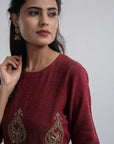 Maroon Floral Embroidered Dress - Charkha TalesMaroon Floral Embroidered Dress