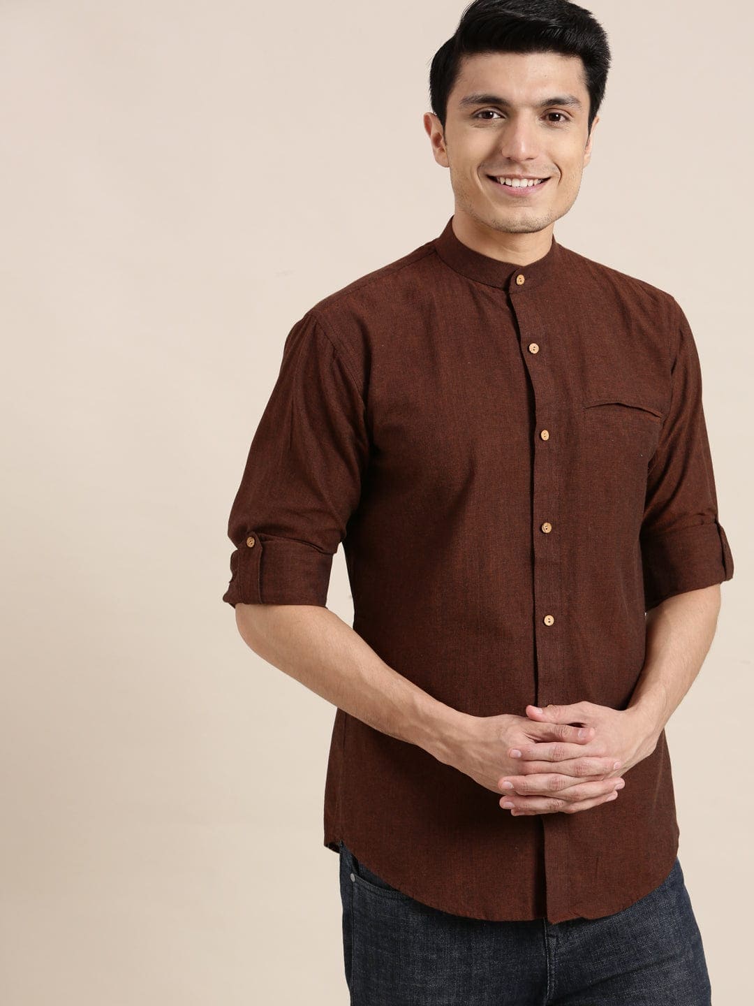 Men Cotton Full Shirt - Dark Brown - Charkha TalesMen Cotton Full Shirt - Dark Brown