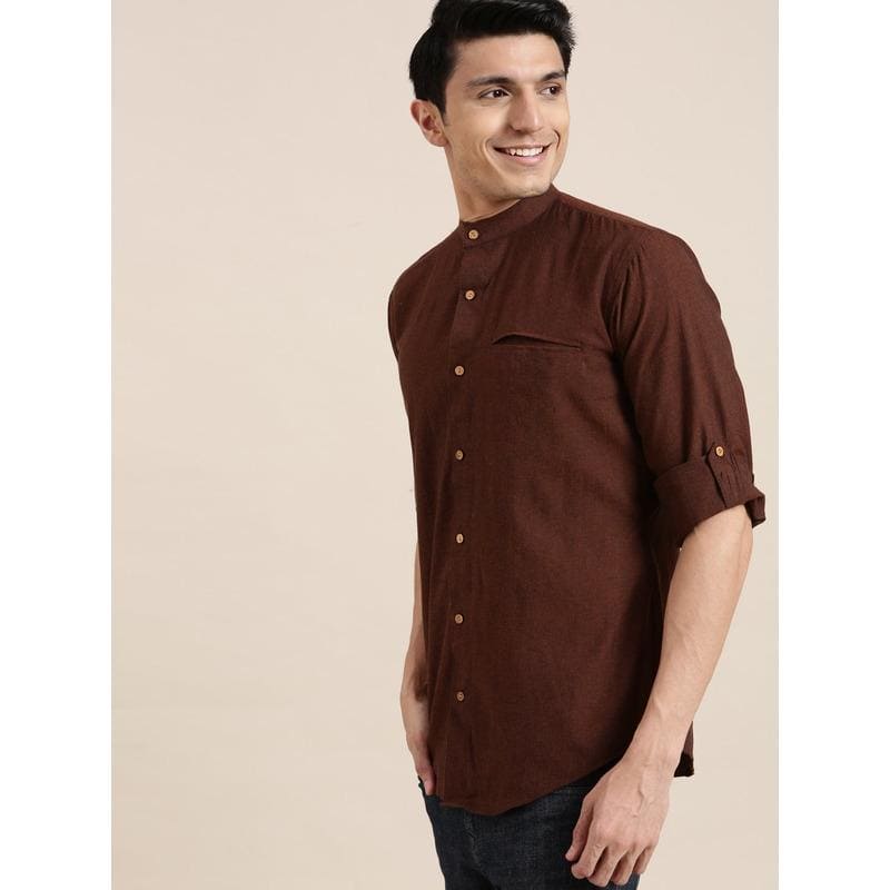 Men Cotton Full Shirt - Dark Brown - Charkha TalesMen Cotton Full Shirt - Dark Brown