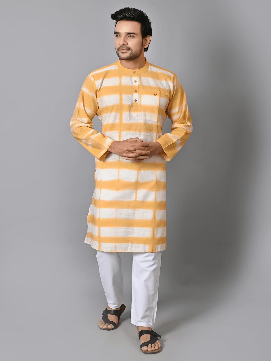 Men Hand Dyed Long Kurta Set - Yellow - Charkha TalesMen Hand Dyed Long Kurta Set - Yellow