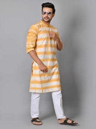 Men Hand Dyed Long Kurta Set - Yellow - Charkha TalesMen Hand Dyed Long Kurta Set - Yellow