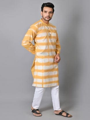 Men Hand Dyed Long Kurta Set - Yellow - Charkha TalesMen Hand Dyed Long Kurta Set - Yellow