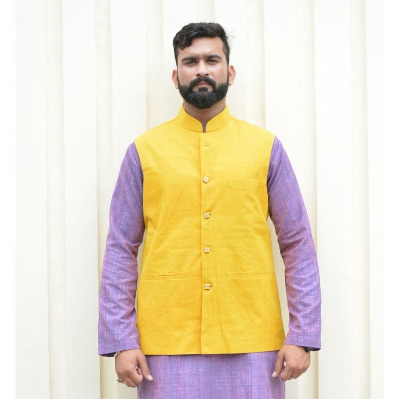 Men Khadi Nehru Jacket - Yellow - Charkha TalesMen Khadi Nehru Jacket - Yellow