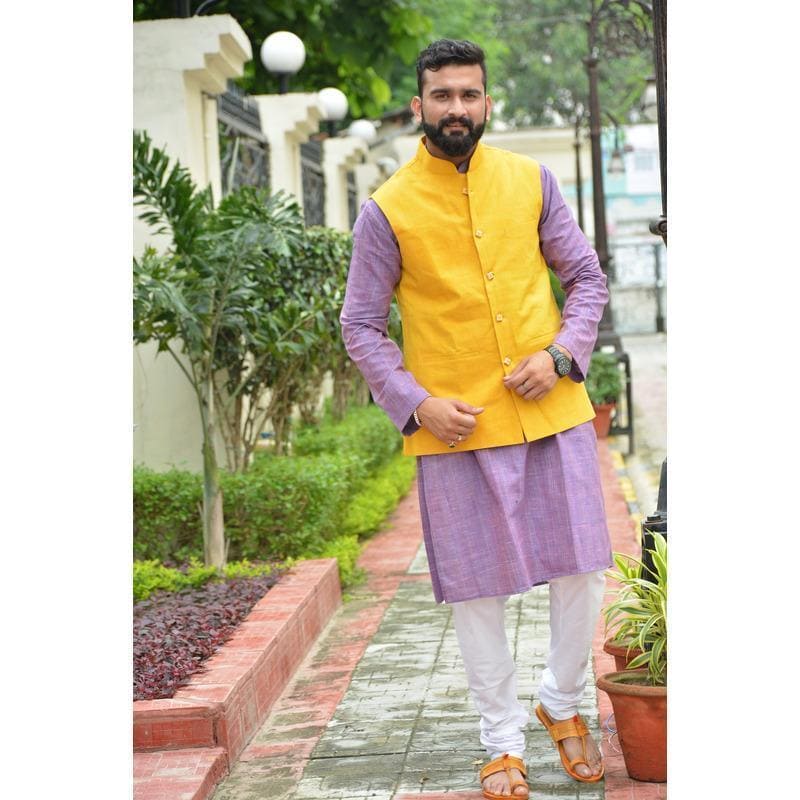 Men Khadi Nehru Jacket - Yellow - Charkha TalesMen Khadi Nehru Jacket - Yellow