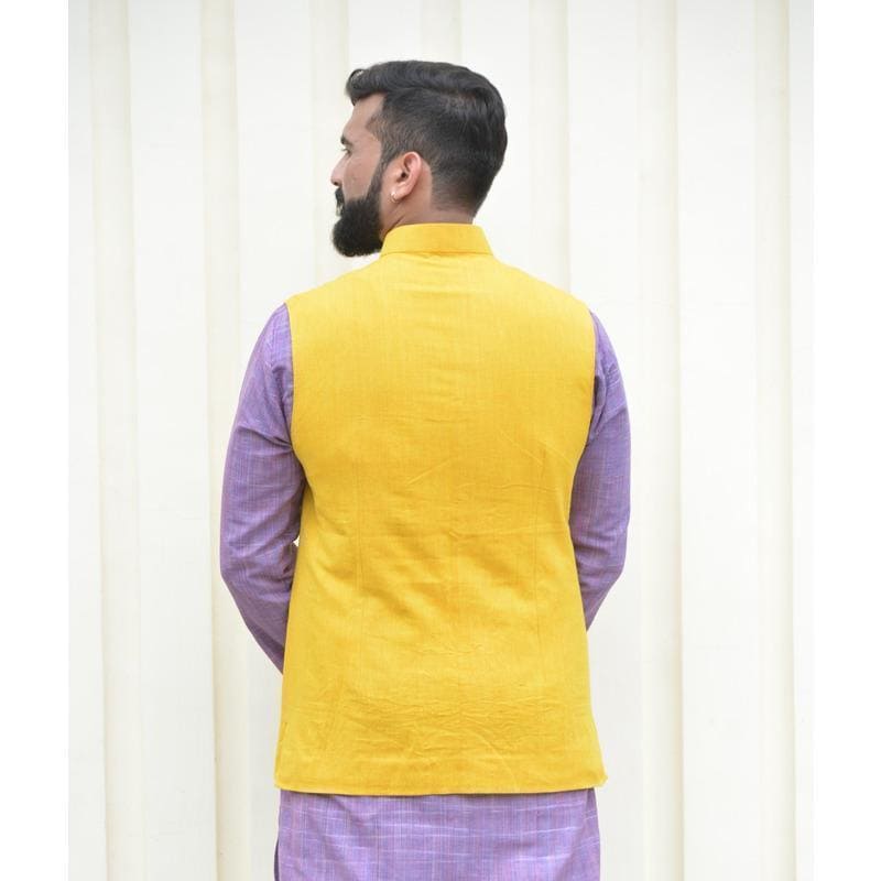 Men Khadi Nehru Jacket - Yellow - Charkha TalesMen Khadi Nehru Jacket - Yellow