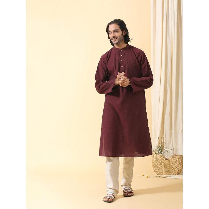 Men Long Kurta Set - Maroon - Charkha TalesMen Long Kurta Set - Maroon