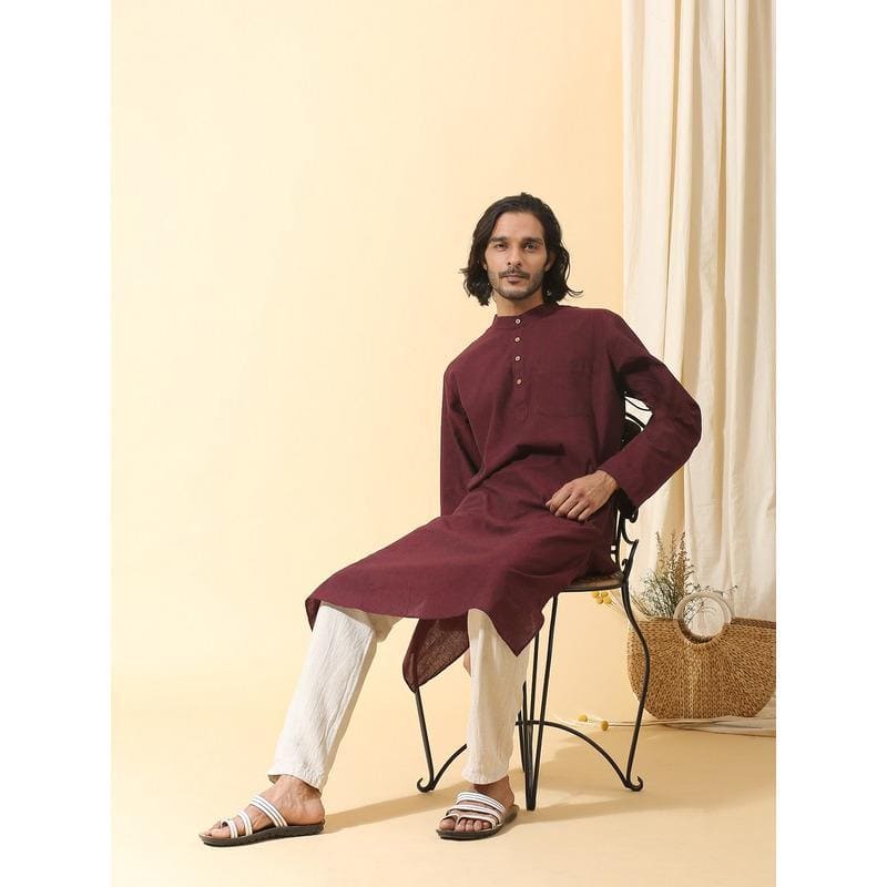 Men Long Kurta Set - Maroon - Charkha TalesMen Long Kurta Set - Maroon