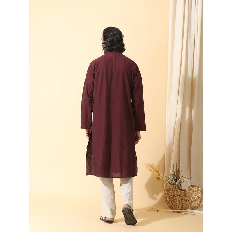 Men Long Kurta Set - Maroon - Charkha TalesMen Long Kurta Set - Maroon